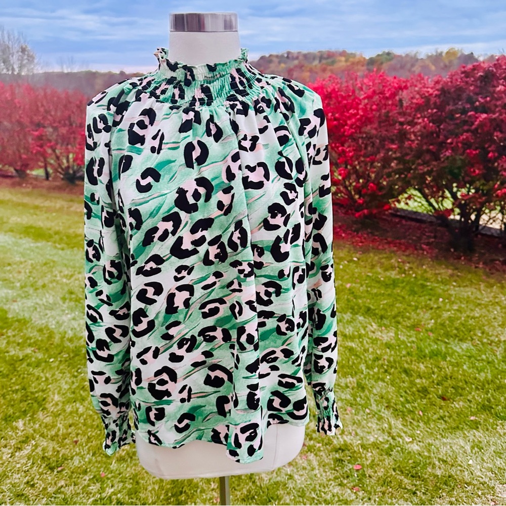 Nine West Green Leopard Print High Neck Blouse Size M